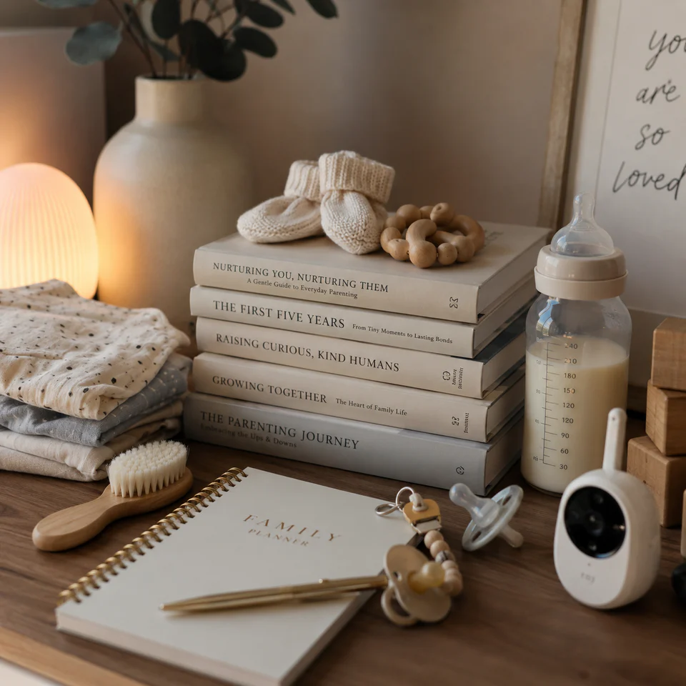 Parenting books and baby essentials arranged in a warm nursery setting